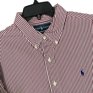 Ralph Lauren Custom Fit Shirt Men XL Maroon Stripe Oxford‎ Preppy Casual Classic